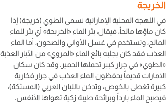 الخريجة في اللهجة المحلية الإماراتية تسمى الطوي (خريجة) إذا كان ماؤها مالحاً، فيقال: بئر الماء «الخريجة» أي بئر للماء...