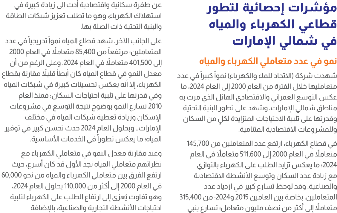 مؤشرات إحصائية لتطور قطاعي الكهرباء والمياه في شمالي الإمارات نمو في عدد متعاملي الكهرباء والمياه شهدت شركة (الاتحاد ...