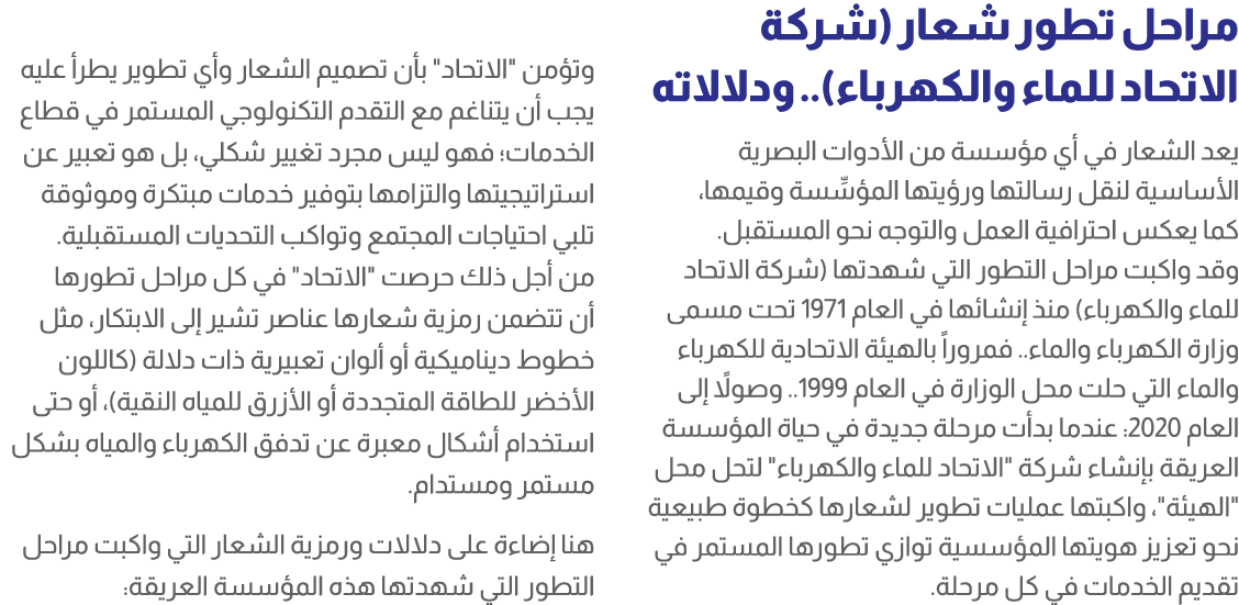 مراحل تطور شعار (شركة الاتحاد للماء والكهرباء).. ودلالاته يعد الشعار في أي مؤسسة من الأدوات البصرية الأساسية لنقل رسا...