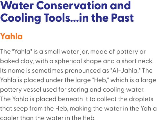 Water Conservation and Cooling Tools...in the Past Yahla The \“Yahla\" is a small water jar, made of pottery or baked...