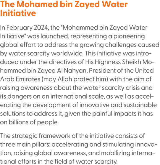 The Mohamed bin Zayed Water Initiative In February 2024, the \“Mohammed bin Zayed Water Initiative\" was launched, re...